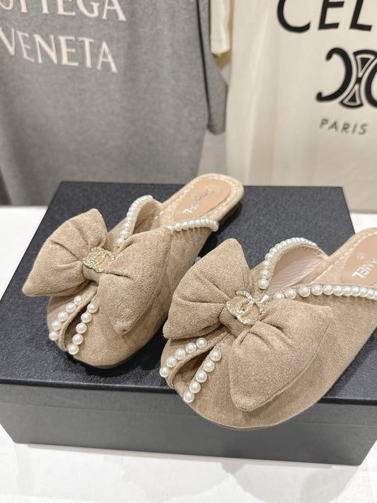 Chanel 2026 Pearl Bow Flat Slipper Suede Sheepskin 713038