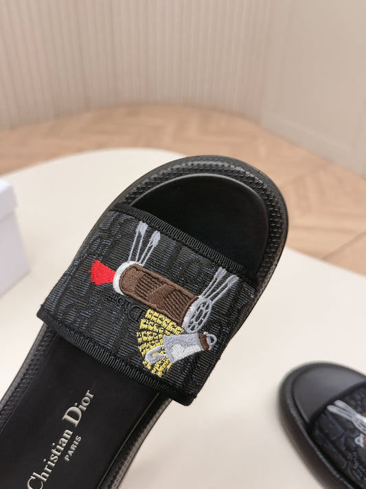 CD 26s Slippers Black Canvas Lambskin 643805