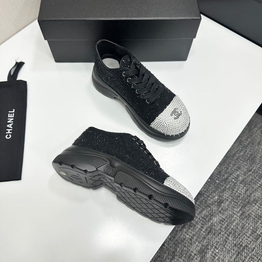 CC 26s Casual Sneakers Rhinestones Black Mesh Sheepskin 626362