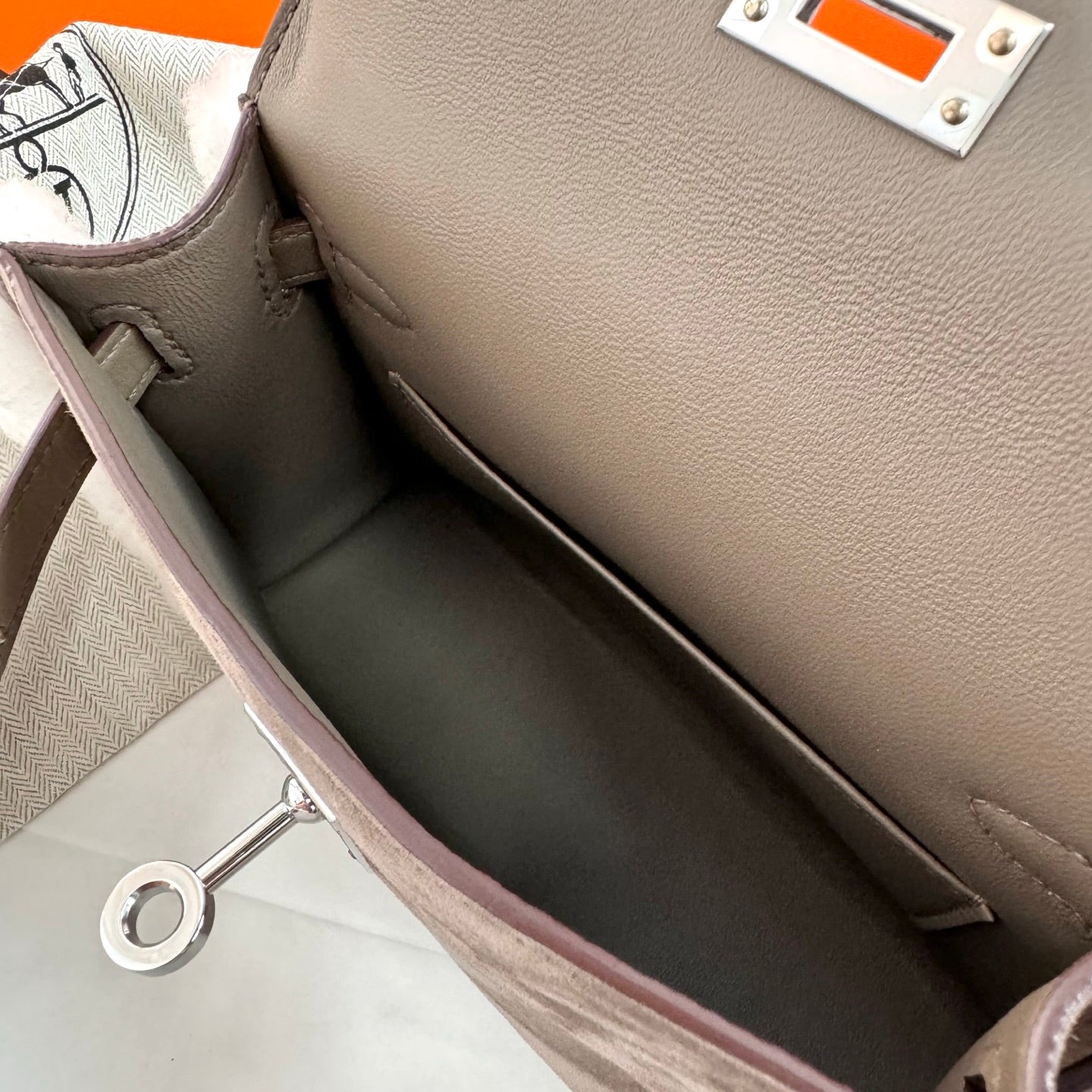 Hermes 2026 Mini Kelly Bag Etoupe Suede Wool 284469