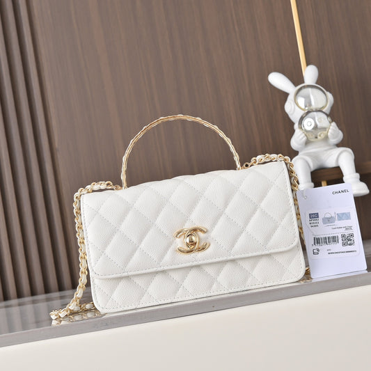 Chanel 2026 Gold Handle Bag 18.5cm Black and White Calfskin