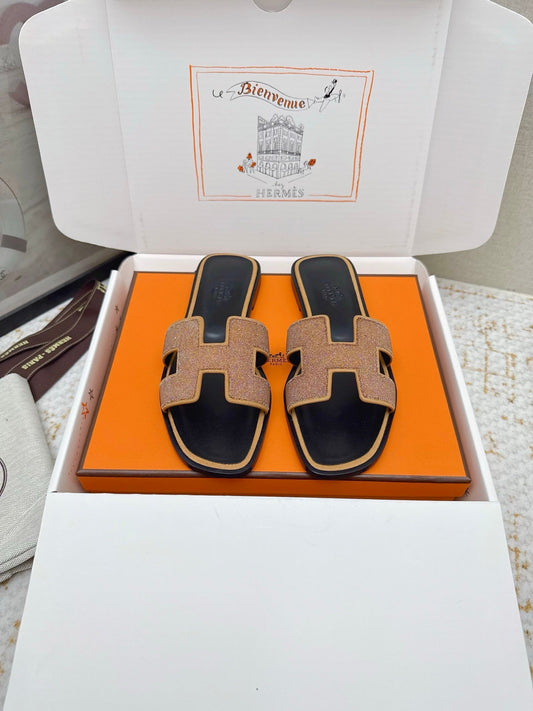 HM 26ss Oran Sandals Rose Bronze Rhinestone Cowhide 625264