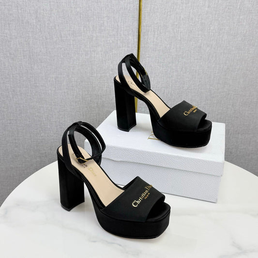 CD 26s Platform Sandals 80 Black Beige Satin Sheepskin 640230