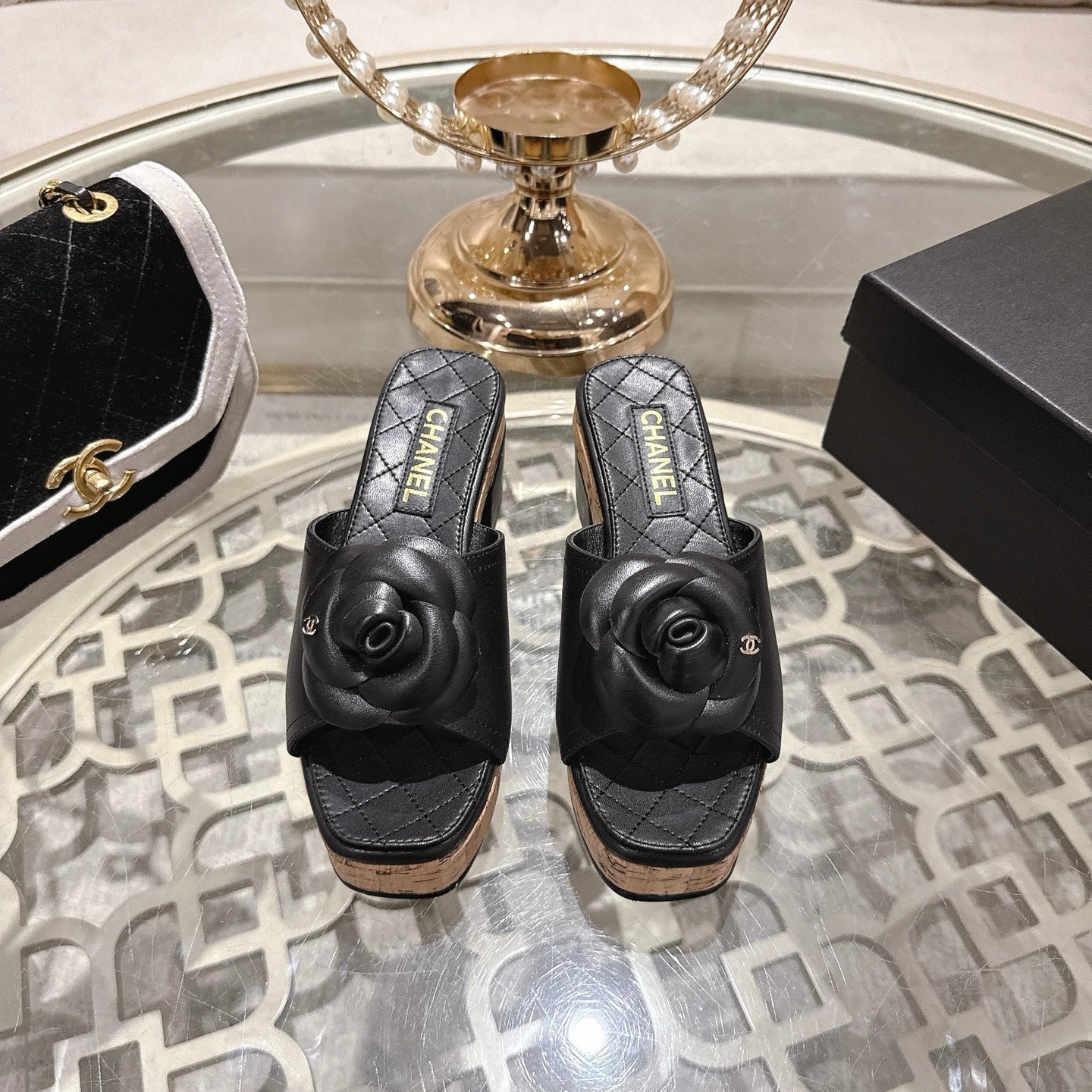 CC 26s Camellia Platform Slippers 65 Black Lambskin 627048