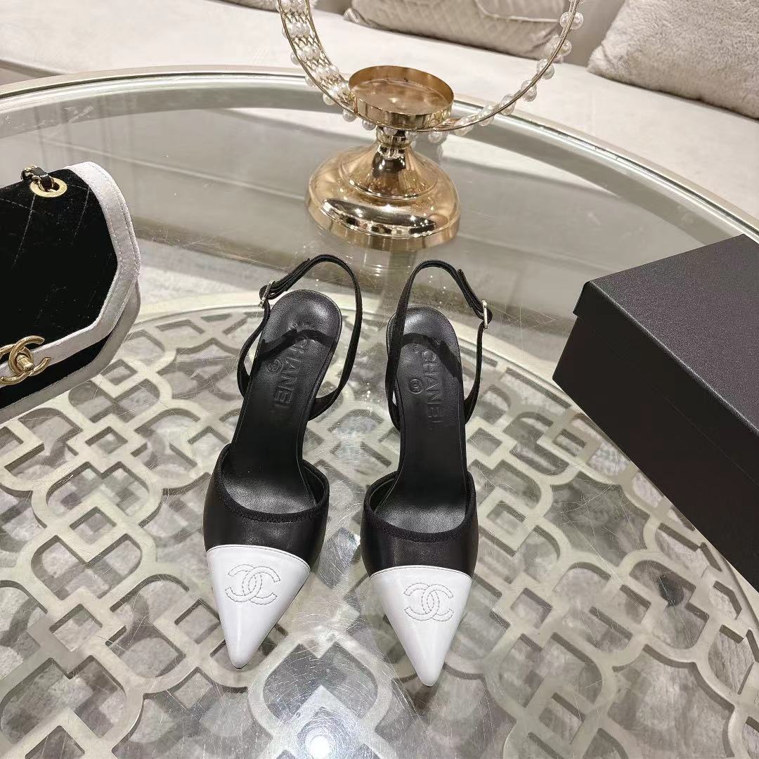Chanel 2026 Pointed-Toe High-Heeled Sandal Black White Sheepskin 634229