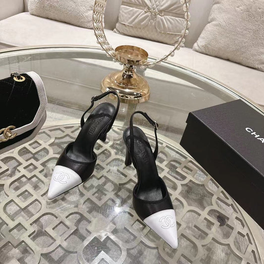 Chanel 2026 Pointed-Toe High-Heeled Sandal Black White Sheepskin 634229