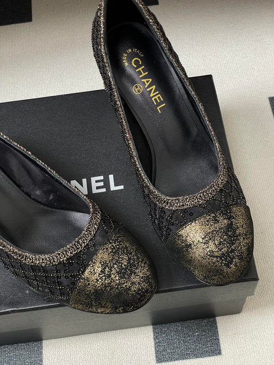 CC 26 Beaded Sequin Pump With Double C Pearl Heel Black Mesh Leather