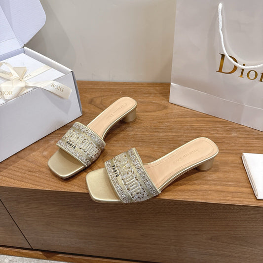 CD 26s Embroidered Sandals Gold Champage Canvas Leather 685616