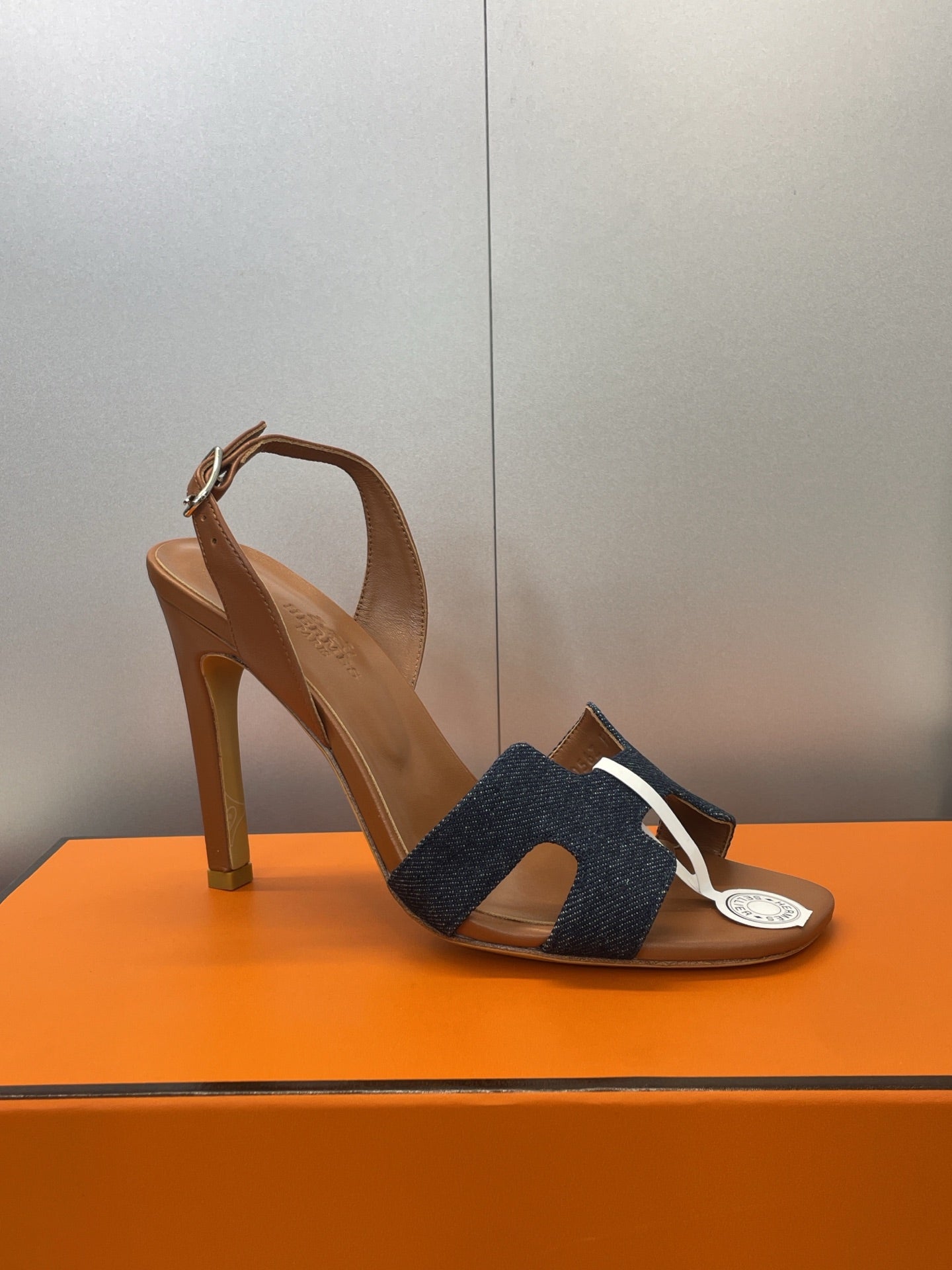 HM 26ss High Heel Sandals 105 Brown Dark Blue Denim Cowhide 607148