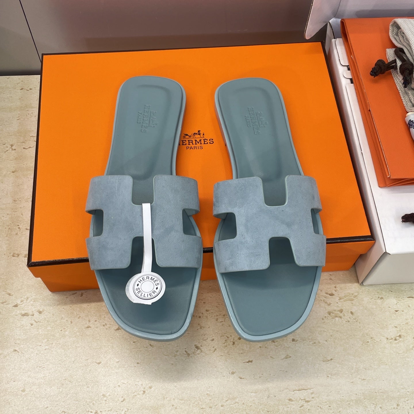 HM 26ss Oran Sandals Muted Teal Suede Cowhide 607208