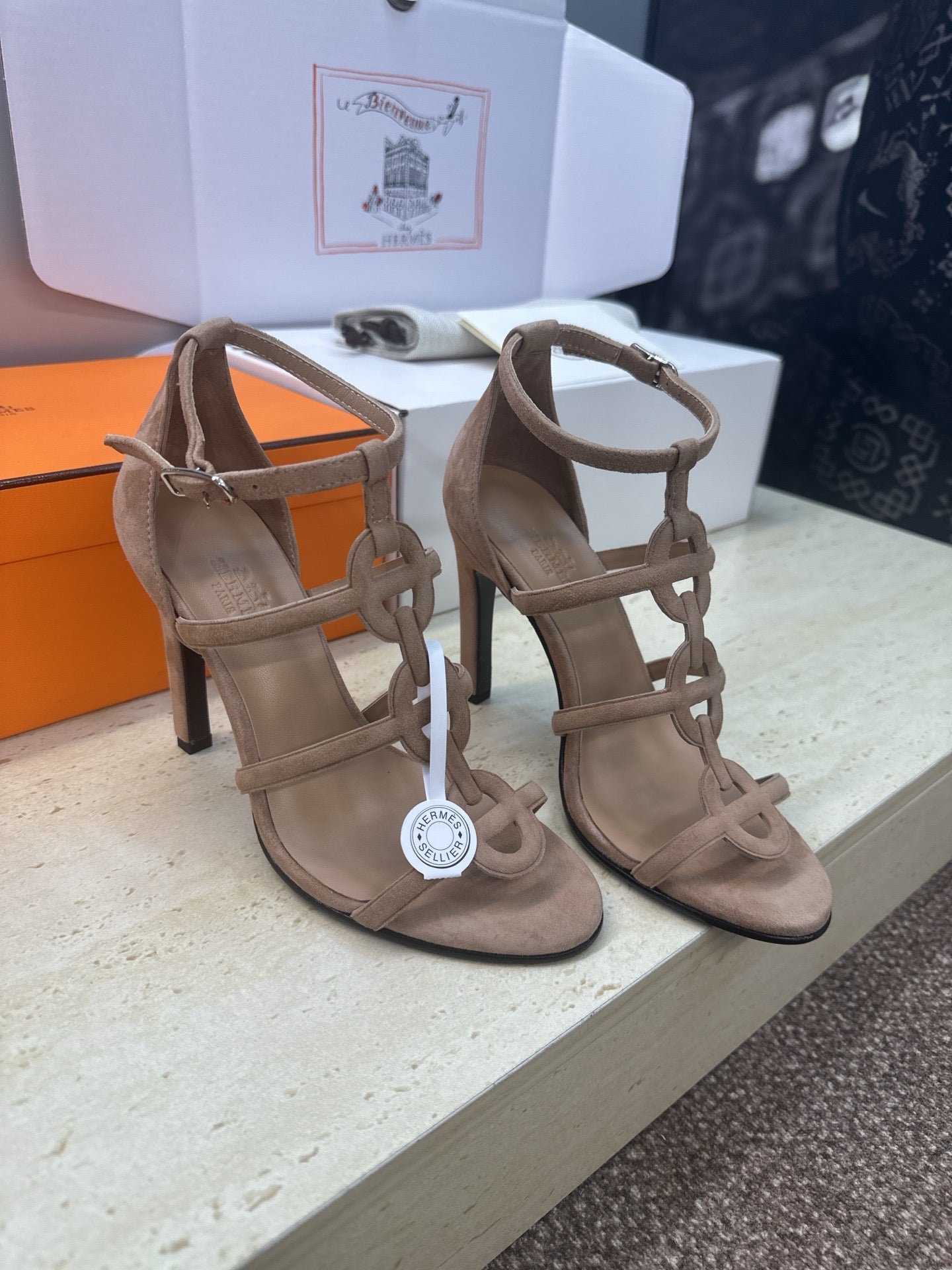 HM 26ss High Heels Sandals 95 Taupe Suede 633222