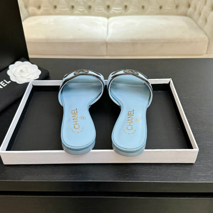 Chanel 2026 Flat Sandal Light Blue Black Cowhide