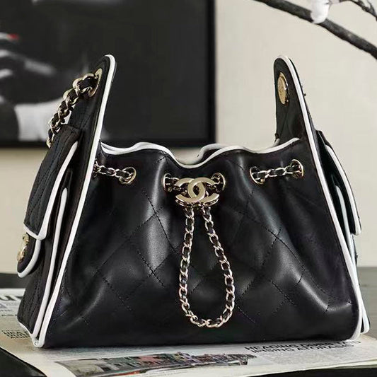 Chanel 2026 Hobo Bag 22cm Black White Calfskin