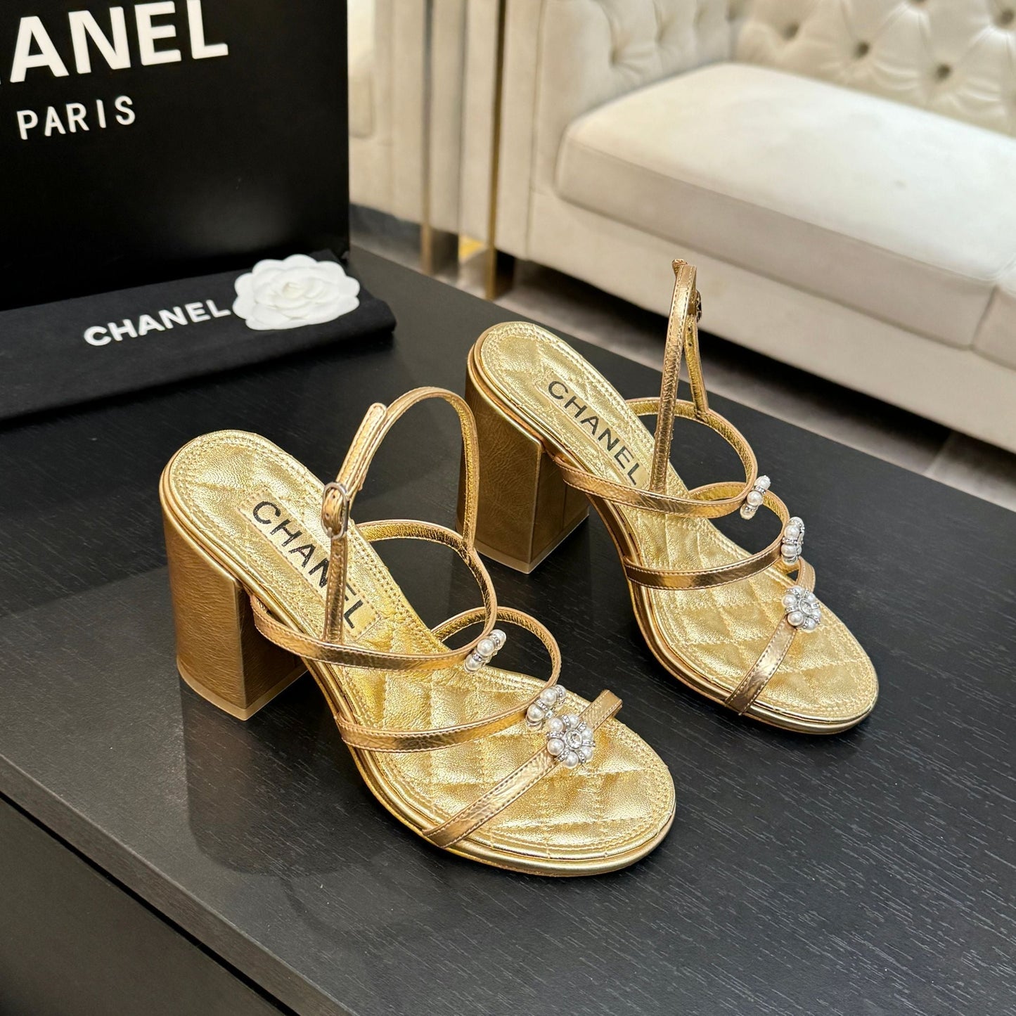 CC 2026 Camellia Chunky Heeled Sandals  90 Lambskin