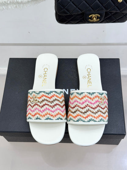CC 2026 Knitted Double C Flat Slippers Multicolor Woven Sheepskin
