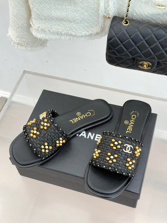 CC 2026 Flat Sandals Tweed Woven Sheepskin