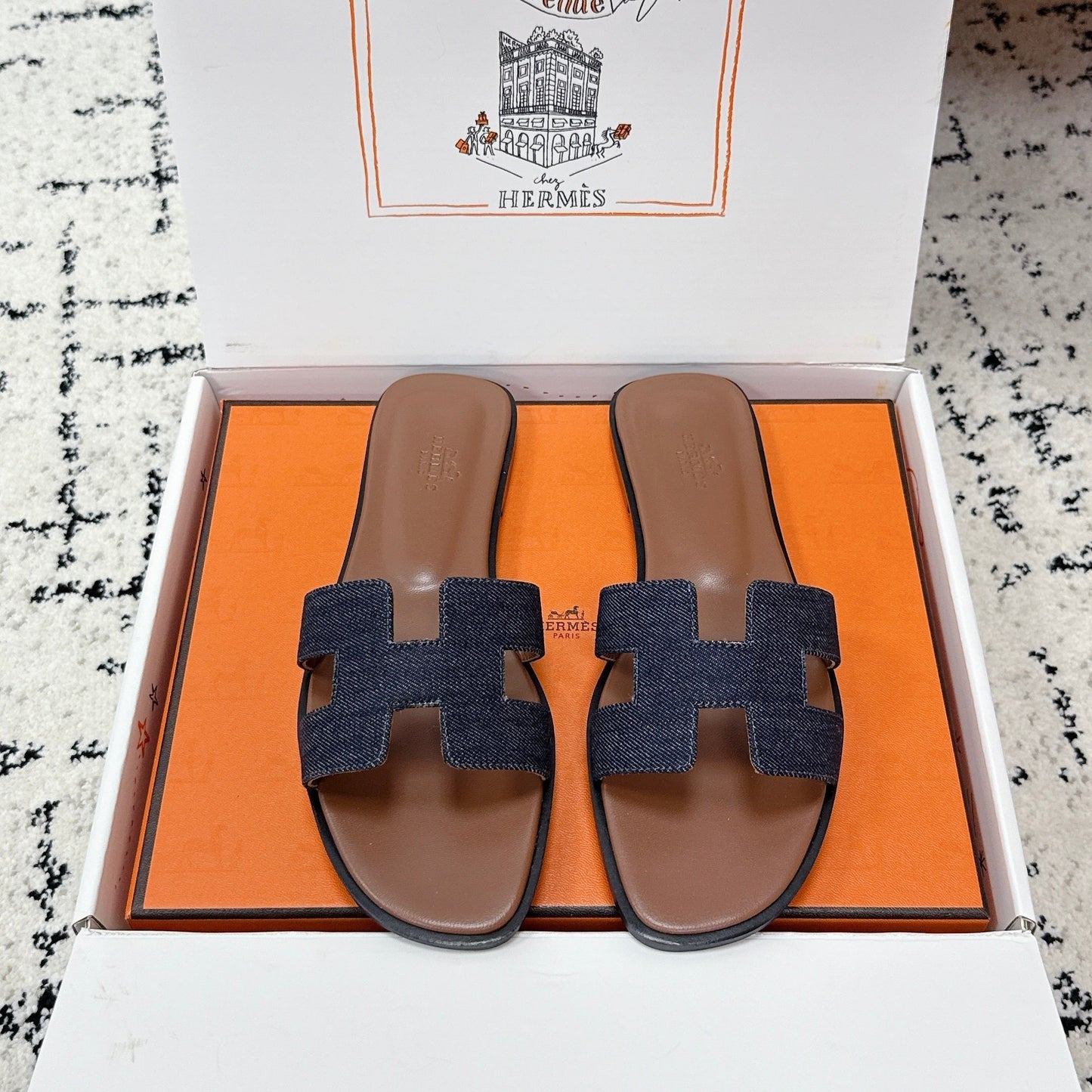 HM 26ss Oran Sandals Blue Brown Denim Cowhide 617181