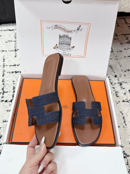 HM 26ss Oran Sandals Blue Brown Denim Cowhide 617181