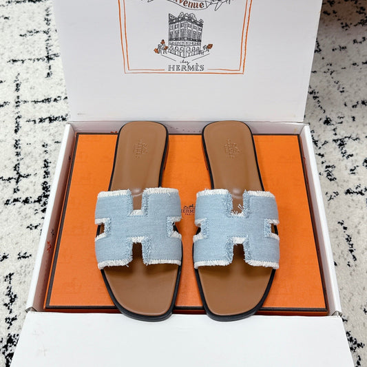 HM 26ss Oran Sandals Light Blue Brown Denim Cowhide 617211