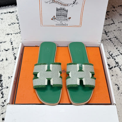 HM 26ss Oran Sandals Green White Canvas Cowhide 617215