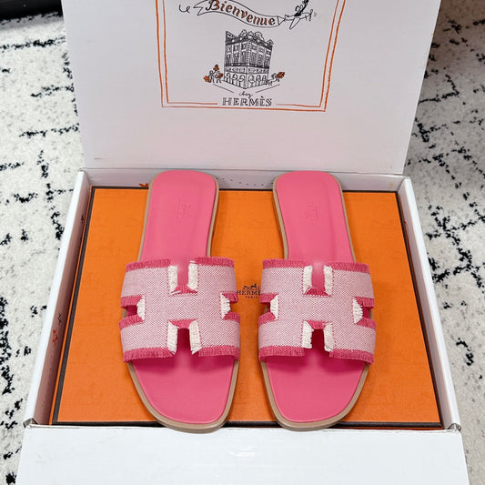 HM 26ss Oran Sandals Pink White Canvas Cowhide 617216