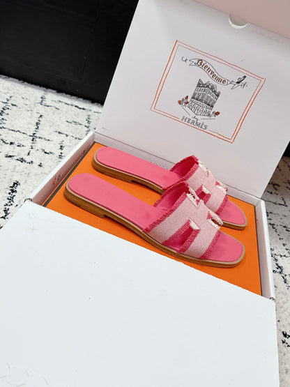 HM 26ss Oran Sandals Pink White Canvas Cowhide 617216