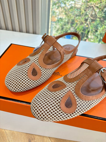 HM 26ss Pig-Nose Flat Sandals Brown Beige Mesh Sheepskin 603925