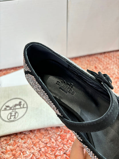 HM 26ss Pig-Nose Ballet Flatt Black Cowhide Diamond 603934