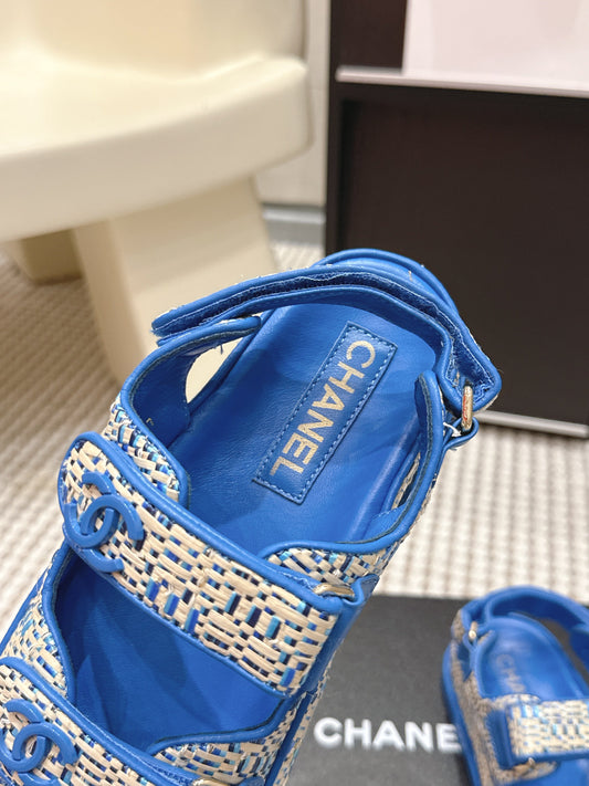 CC 26s Sandals Blue Beige Leather Raffia 632401