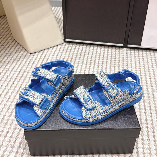 CC 26s Sandals Blue Beige Leather Raffia 632401