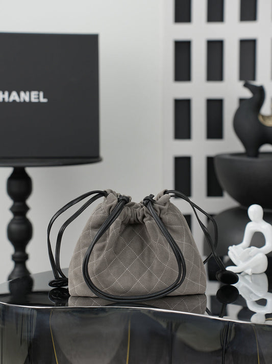 Chanel 26 Drawstring Bag Charcoal Gray Suede Leather