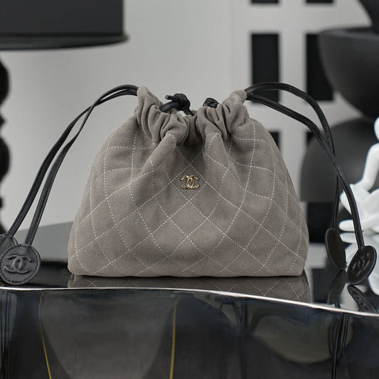 Chanel 26 Drawstring Bag Charcoal Gray Suede Leather