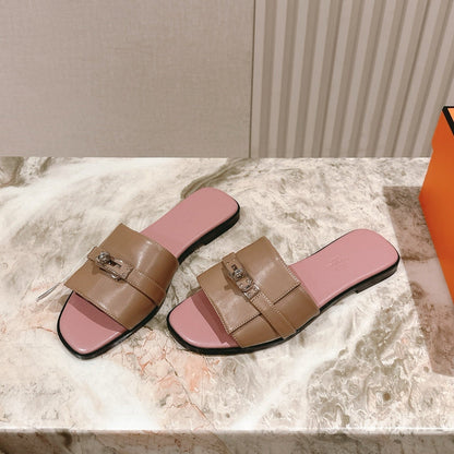 HM 2026 Flat Slippers Taupe Pink Calfskin 655859