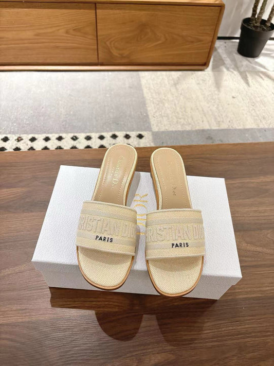 CD 26s Embroidered Sandals Beige Canvas Sheepskin 664323