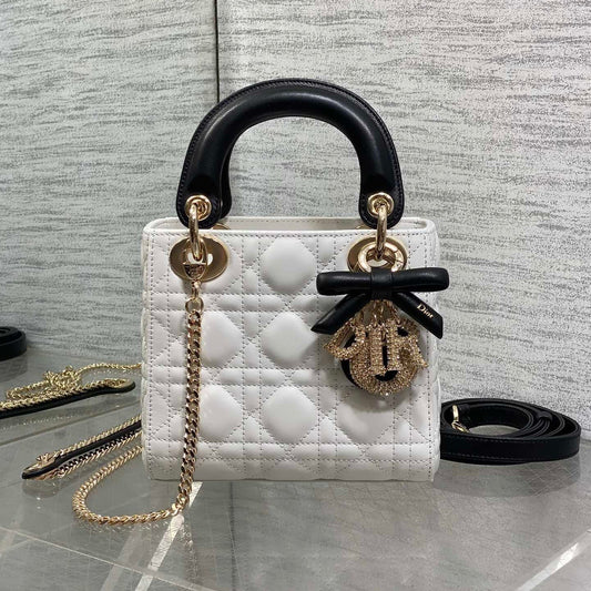 Dior 2026 Mini Lady Dior Bag White Black Lambskin 284137