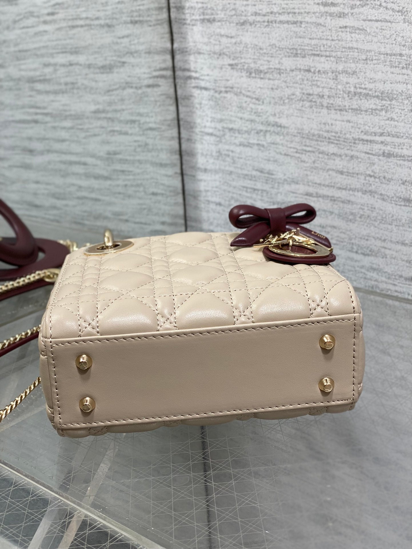 Dior 2026 Bow Lady Dior 17cm Beige Burgundy Lambskin 286583