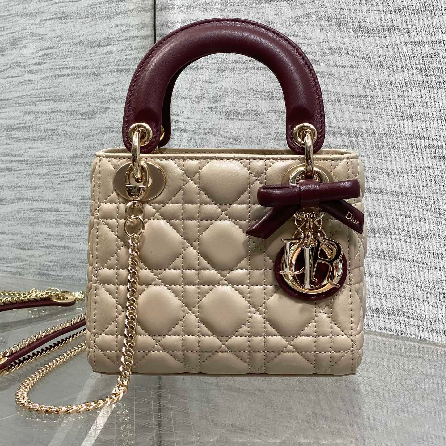Dior 2026 Bow Lady Dior 17cm Beige Burgundy Lambskin 286583
