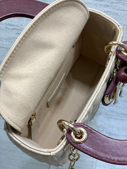 Dior 2026 Bow Lady Dior 17cm Beige Burgundy Lambskin 286583