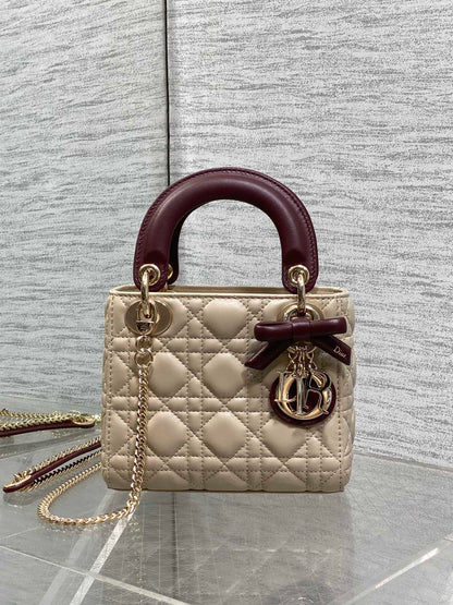 Dior 2026 Bow Lady Dior 17cm Beige Burgundy Lambskin 286583