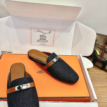 HM 26ss Mule Black Denim Calfskin Sliver Buckle 638477