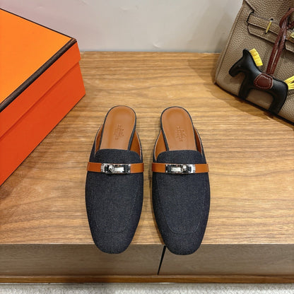 HM 26ss Mule Black Denim Calfskin Sliver Buckle 638477
