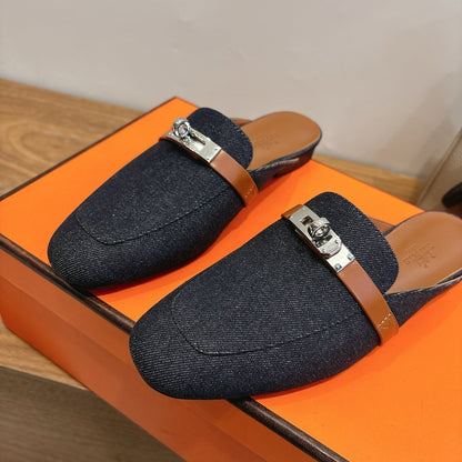 HM 26ss Mule Black Denim Calfskin Sliver Buckle 638477