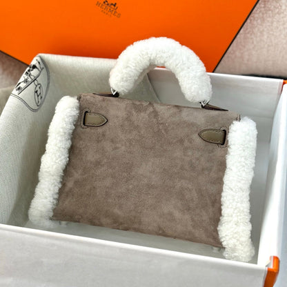 Hermes 2026 Mini Kelly Bag Etoupe Suede Wool 284469