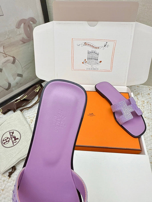 HM 26ss Oran Sandals Purple Crystal Suede Cowhide 625255
