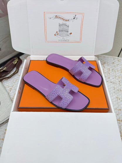 HM 26ss Oran Sandals Purple Crystal Suede Cowhide 625255