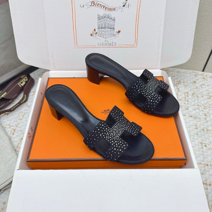 HM 26ss Oran Sandals Black Crystal Suede Cowhide 625256