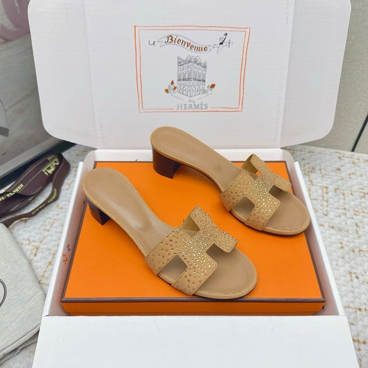HM 26ss Oran Sandals 50 Light Caramel Beige Crystal Suede Cowhide 625257