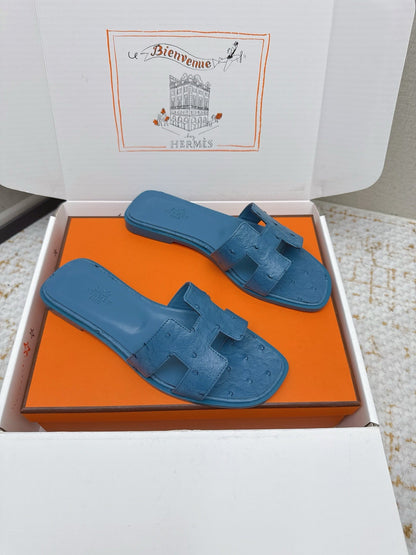HM 26ss Oran Sandals Blue Ostrich Leather 625100