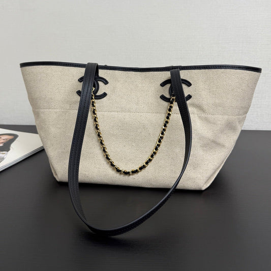 Chanel 2026 Coco Beach Beach Tote Bag 46cm Off-white mix Black Canvas Leather