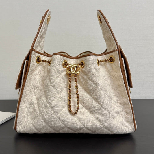 Chanel 2026 Hobo Bag Cream Brown Canvas Leather